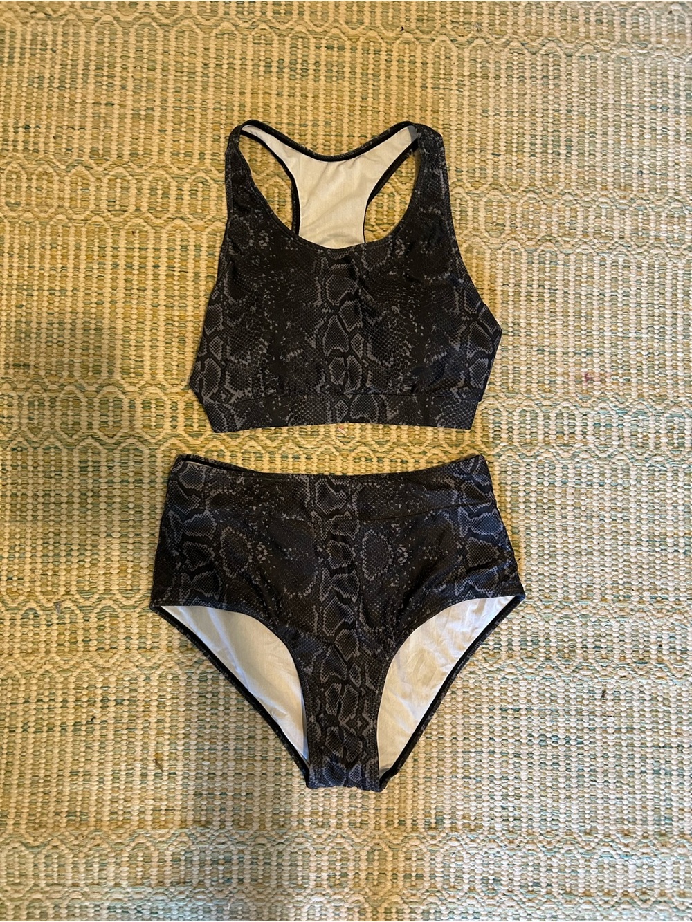 Snake Print High-Waist Bikini Set - Black